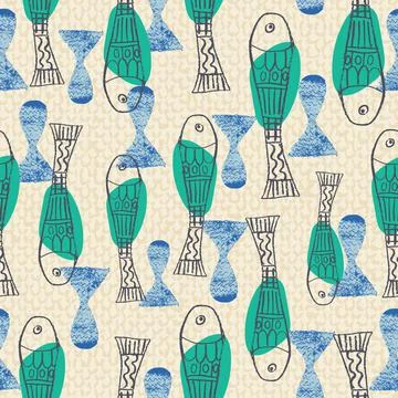 Abstract stylized fish background seamless vector pattern. Chalk hand drawn n Stock Illustration