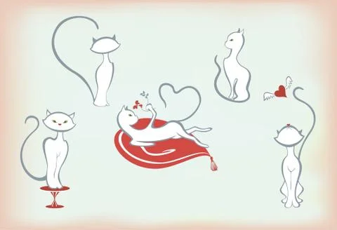 Abstract stylized white cats in different poses. EPS10 vector illustration Stock Illustration