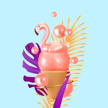 Abstract summer background with 3d pink ice cream and pink flamingo lush palm Illustrazione stock
