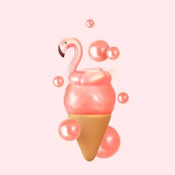 Abstract summer background with 3d pink ice cream and pink flamingo. Summer d Illustrazione stock