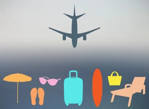 Abstract summer background in a blurry sunset and with silhouettes of the pla Stock Illustration