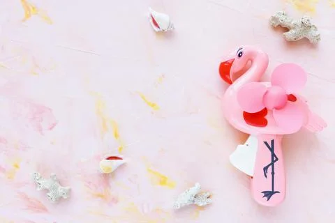 Abstract summer background with seashells and hand flamingo fan on pink Stock Photos