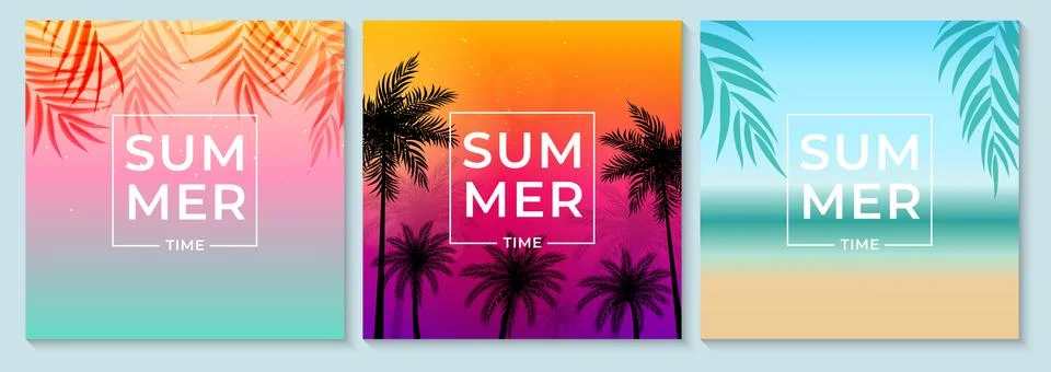 Abstract Summer  Background Set with Palm Leaves, Beach and Seaside. Trendy d Stockillustratie