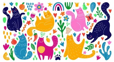 Abstract summer cats, doodle drawing animals. Modern spring garden, nature .. Stock Illustration