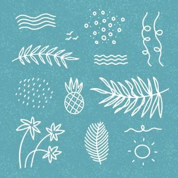 Abstract summer decor elements set with waves, palm leaves, dots for t-shirts Stock Illustration