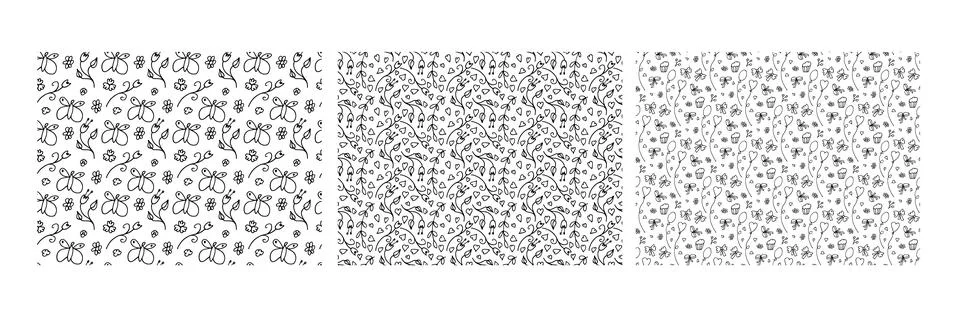 Abstract Summer Doodle background set. Three pattern collection. Seamless Stock Illustration