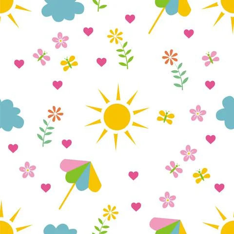 Abstract Summer hand drawn objects of Sun, flowers, petals, hearts, clouds Stock Illustration
