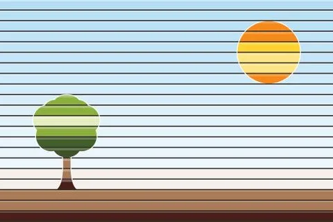Abstract summer landscape, sun with tree on blue sky background Stock Illustration