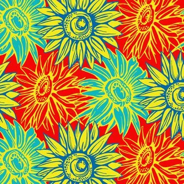 Abstract sunflower floral seamless pattern. Bright colors, painting on a li.. Stock Illustration
