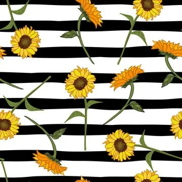 Abstract sunflower seamless pattern on striped background Stock Illustration