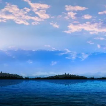 Abstract sunset background with forest lake and clouds Illustrazione stock