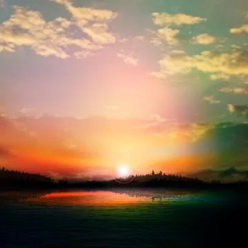 Abstract sunset background with forest lake and clouds Illustrazione stock