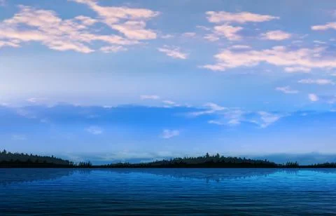 Abstract sunset background with forest lake and white clouds Illustrazione stock