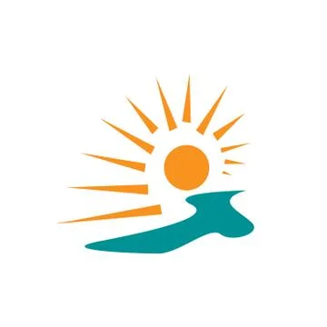 Abstract sunset logo design vector of yellow sun and blue sea waves illustrat Stock Illustration