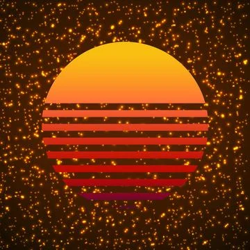 Abstract sunset logo with glowing particles background. Vector illustration Ilustração Stock