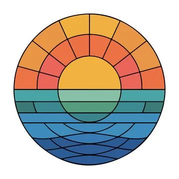 Abstract Sunset Ocean Waves Geometric Circle Retro Beach Landscape Design 스톡 일러스트