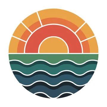 Abstract Sunset Ocean Waves Geometric Circle Retro Beach Landscape Design Stock Illustration