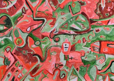 Abstract sunset red light over green landscape acrylic painting Stock Illustration