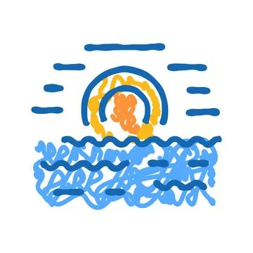 Abstract sunset scene with ocean waves drawing Stock Illustration