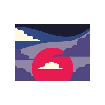 Abstract sunset sky with vibrant red sun and dark clouds Illustrazione stock
