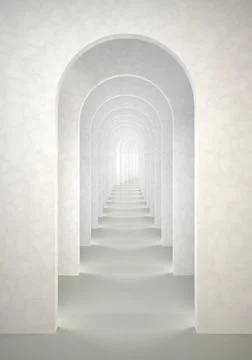Abstract surreal 3d render. Arch infinite corridor white vertical background. Illustrazione stock