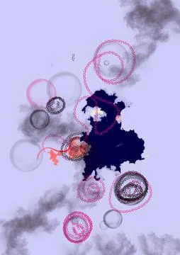 Abstract surreal composition with smoke clouds, geometric wireframe sphe Stock Illustration