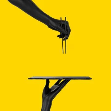 Abstract sushi bar concept background. Black hands using chopsticks and sushi Stock Illustration