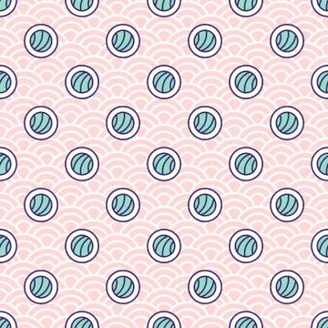 Abstract sushi rolls seamless vector pattern on japanese wave background. Stock Illustration