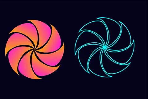 Abstract swirl circular logo with gradient pinwheel shape and neon outline .. Ilustração Stock