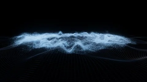 Abstract swirling blue particles form a ring over a dark undulating digital.. Stock Footage 332148602
