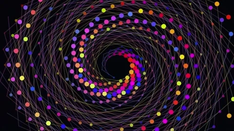 Abstract swirling colorful dots creating dynamic spiral patterns against deep Stock Footage 344583133
