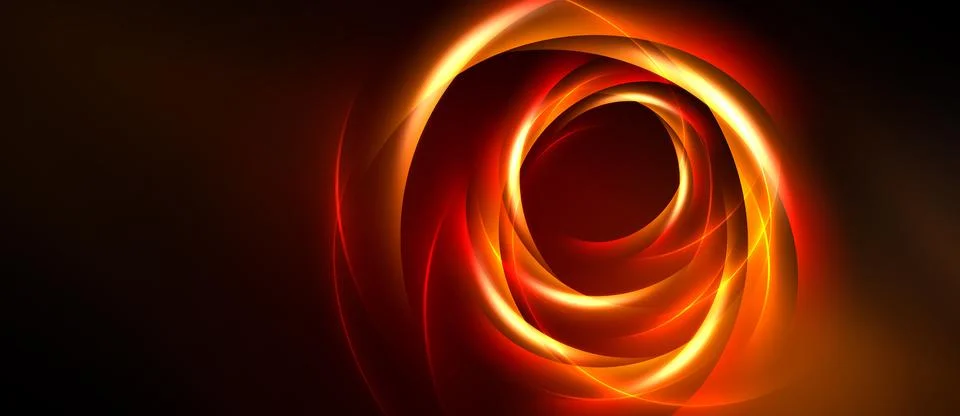 Abstract swirling light patterns dominate dark background. Orange, red hues Stock Illustration