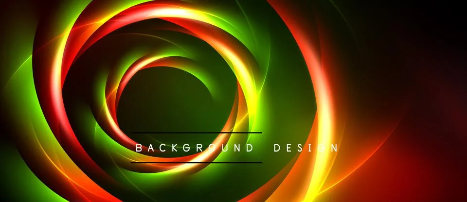 Abstract swirling lights create vibrant circular design. Red, green, yellow.. Stock Illustration