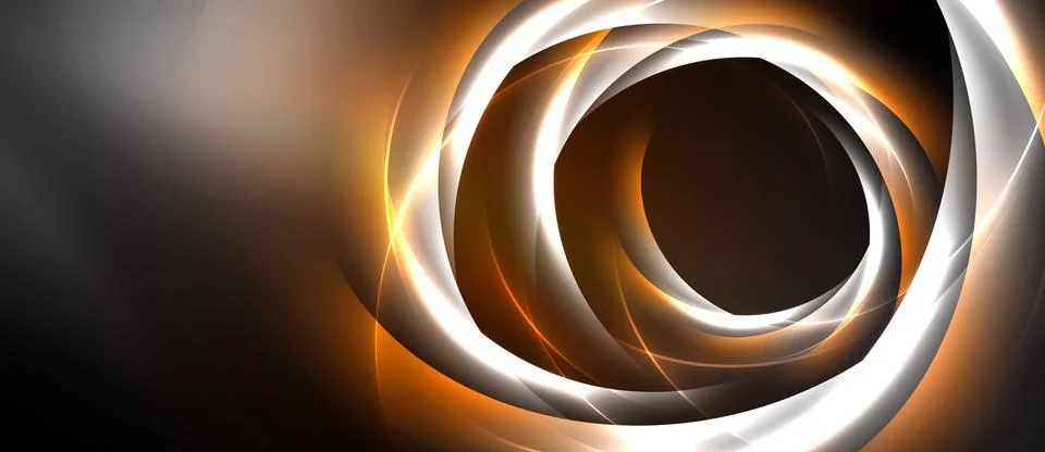 Abstract swirling lines create dynamic orange, white glow. Dark background Illustrazione stock