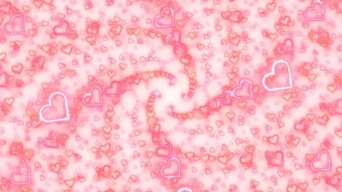 Abstract Swirling Vortex of Glowing Pink and Red Neon Hearts on Dark Background Illustrazione stock