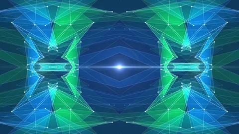 Abstract symmetrical BLUE GREEN polygon star shape net shiny cloud animation Video stock 90692829