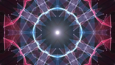 Abstract symmetrical BLUE RED polygon star shape shiny kaleidoscope cloud Stock Footage 90711438