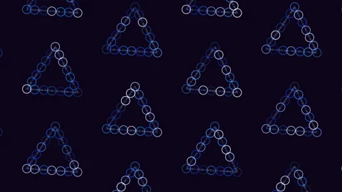 Abstract symmetrical pattern of white and blue triangle lines on black Stock Footage 297607445