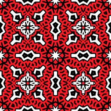 Abstract symmetrical vector seamless pattern. Ornamental black white red geom Stock Illustration