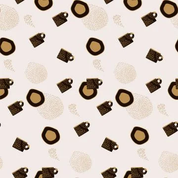 Abstract tableware background. Hand-drawn kitchen items: black cups and plates Stock Illustration