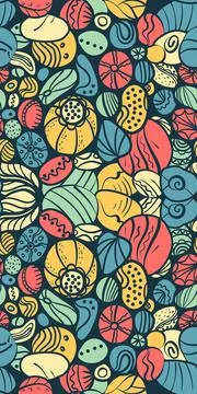 Abstract tangled leaves seamless pattern. Colorful round striped background. Stock Illustration