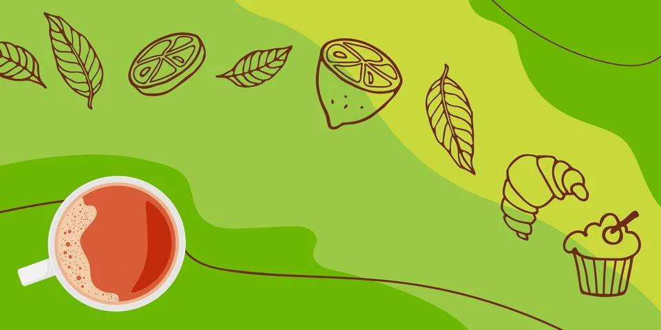 Abstract Tea background. Flat Lay Hot drink. Leaves, lemon, cupcake, croissant Stock Illustration
