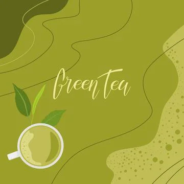 Abstract Tea background. Green Tea calligraphy lettering, flat lay cup of tea Stock-Illustration