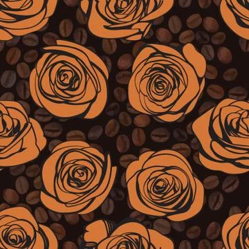 Abstract tea roses and coffee beans seamless pattern on brown background. Goo Stock Illustration