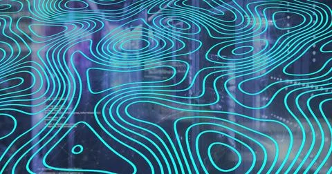 Abstract teal contour pattern shifting in data visualization, with blurred code Stock Photos