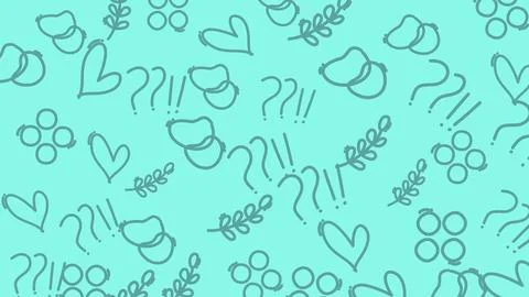 Abstract Teal Doodle Pattern with Hearts and Leaves. Illustrazione stock