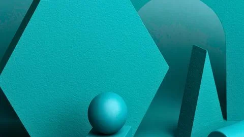 Abstract teal geometric shapes with a single egg sculpture Stock Photos