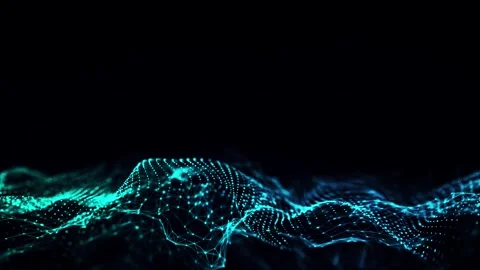 Abstract teal wave lines on a dark background, wave particles form Stock Footage 332182491
