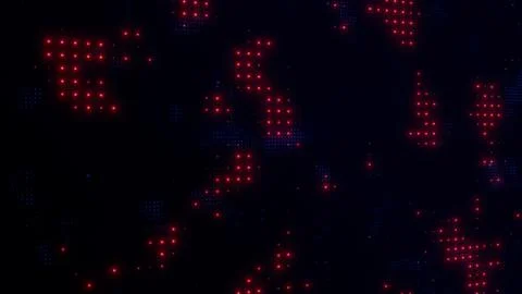 Abstract tech animated background with red and blue squares. Dark black bus.. Illustrazione stock