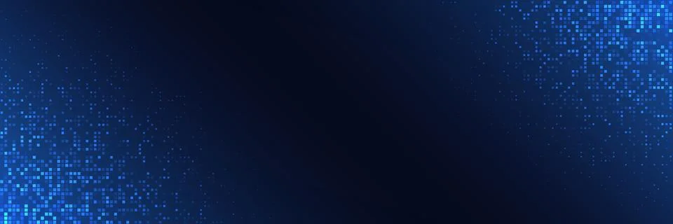 Abstract tech background. Glowing blue pixel squares on dark gradient. Wide Stock Illustration